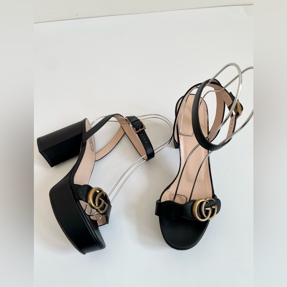 Gucci Marmont GG Platform Sandals EU 37 US 7 Black Leather Block High Heel - Picture 2 of 14